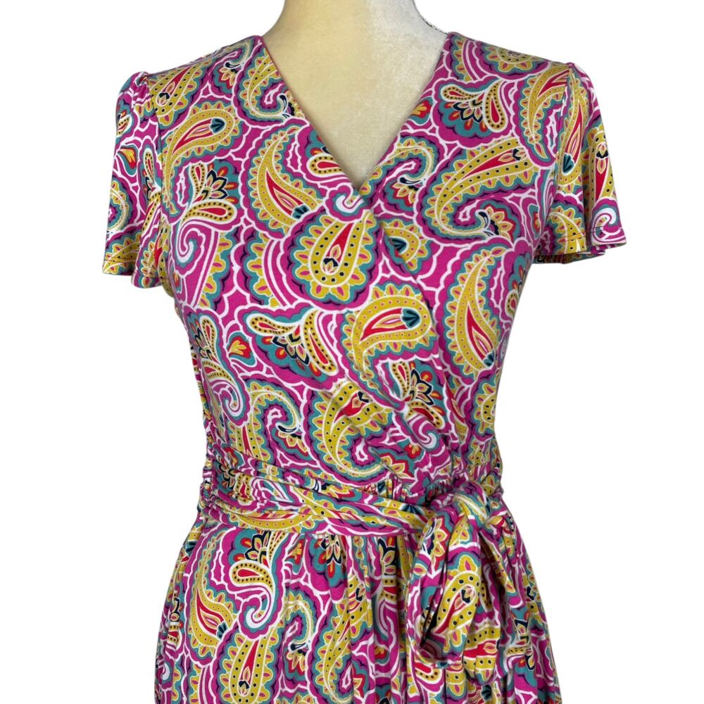 Boden Evangeline Jersey Faux Wrap Dress Pink Paisley Stretch Colorful 8 Petite - Picture 6 of 12